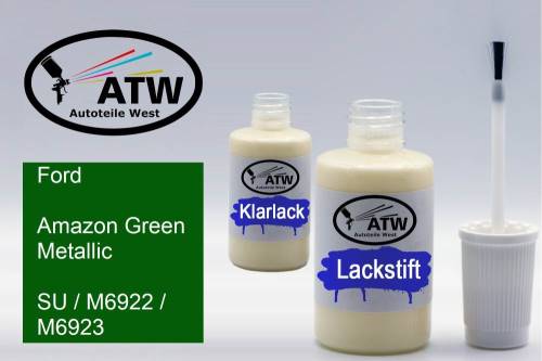 Ford, Amazon Green Metallic, SU / M6922 / M6923: 20ml Lackstift + 20ml Klarlack - Set, von ATW Autoteile West.
